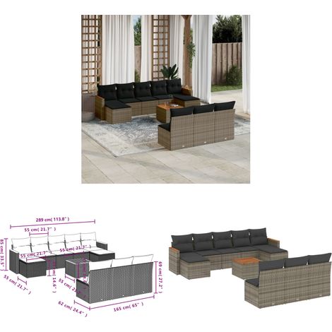11-tlg. Garten-Sofagarnitur mit Kissen Grau Poly Rattan - Gartenmöbel Set - PE-Rattan Möbel - Outdoor Sofa - Esstisch - Lounge Set - Home & Living (1/3)