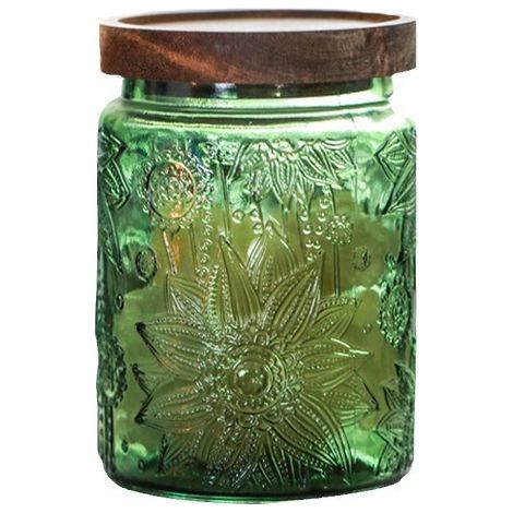 Bocal en verre avec couvercle en bois massif, motif tournesol, 700 ml, vert () (1/4)