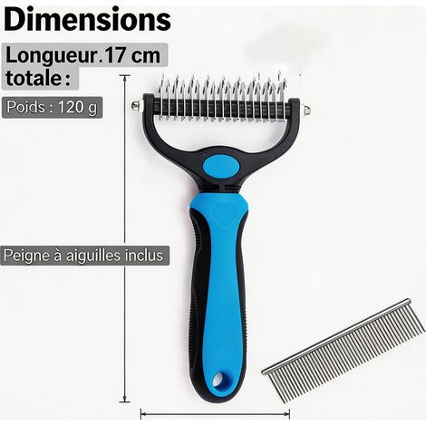 Set 2 en 1 outil de toilettage animalier, brosse démêloir bleue + peigne en acier, solution complète pour brossage et démêlage (1/5)