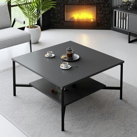 Table basse carrée anthracite, 2 plateaux pieds noirs JENA (1/4)