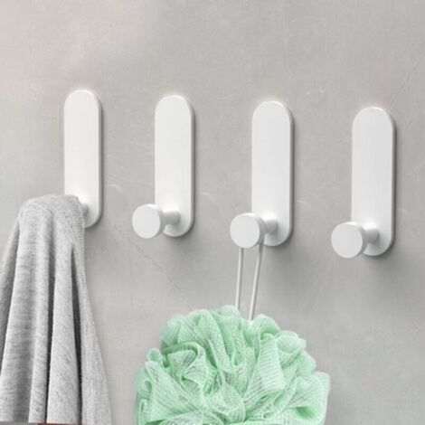 Crochet Adhesif, 4 Pièces Crochet Mural Salle de Bain en Aluminium Sans Perçage Porte Serviette Imperméable, Accroche Torchon Cuisine Bureau Crochets, Blanc (1/4)