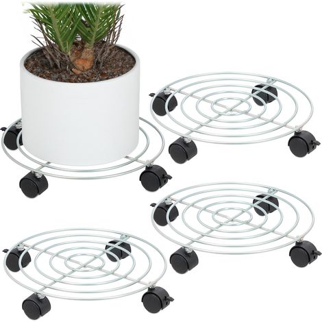 Relaxdays Pflanzenroller, 4er Set, Ø 32 cm, Blumentopfuntersetzer mit Rollen, Stahl, Blumenroller für innen, silber