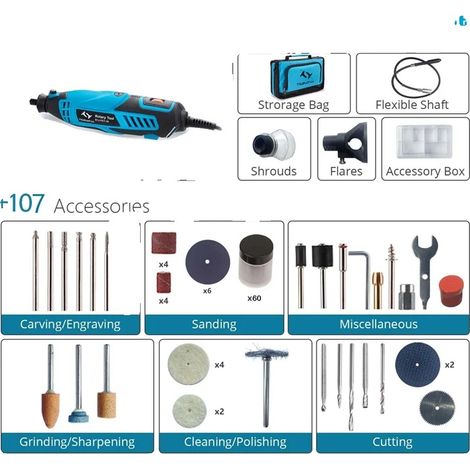 Herramienta rotativa, 6 velocidades variables, 107 accesorios incluidos, azul. (1/2)