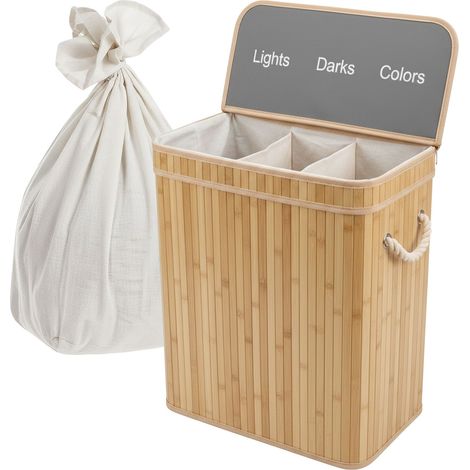 Relaxdays laundry basket with lid, 3 compartments, bamboo, 105L, foldable, 63x52x32 cm, laundry sorter, natural finish