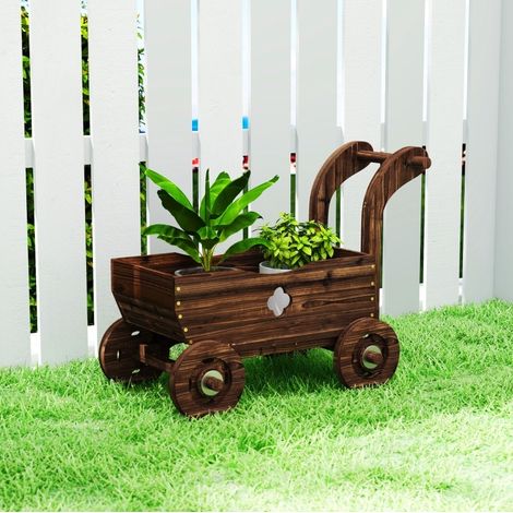 Jardinière sur roulettes en bois, forme chariot, 68 x 38 x 52 cm, avec poignée, marron foncé HAVRYA (1/3)