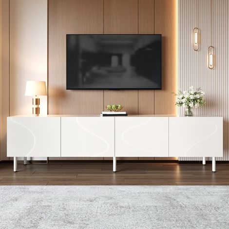 Meuble TV moderne 4 portes lowboard design 3D lignes courbes push to open PB MDF pieds métal élégant pratique salon (1/5)
