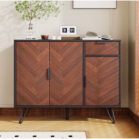 Credenza in MDF e truciolare nero e legno, 90 x 30 x 71,5 cm, 3 ante, 1 cassetto e ripiani regolabili (1/5)