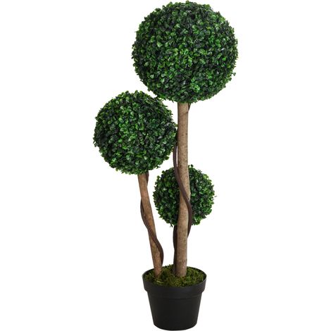 Decorative Artificial Tree Boxwood Ball Topiary Tree in Pot, Fake Plant Home Indoor Outdoor Decor, 90 cm, Dark Green (1/5)