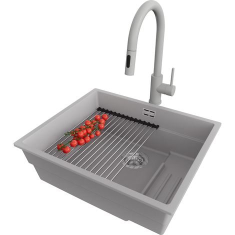 PRIMAGRAN Evier Cuisine en Granit 56x47cm, Lavabo 1 bac + Robinet 40x20cm + Kit de Vidage + Accessoire, Évier à Encastrer au meuble 60cm - Prague Slim, Gris (1/5)