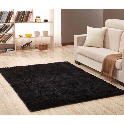 Tapis de Sol Shaggy Confortable Moquette Anti-dérapant Absorbant Velours Décor Maison 80160cm Noir (1/2)