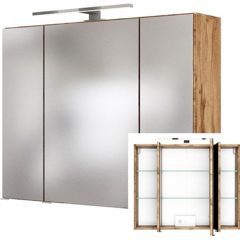 Badmöbel Waschtisch Set in Graphitgrau mit Wotaneiche Nb. LAURIA-03 mit Spiegelschrank 80 cm inkl. Beleuchtung, BxHxT: ca. 80x200x49 cm (1/5)