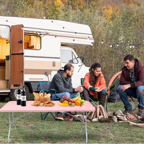 Mesa plegable 180x73,6x73,6 cm de plástico y metal, rosa, ahorro de espacio para camping – MEUBLIV (1/5)