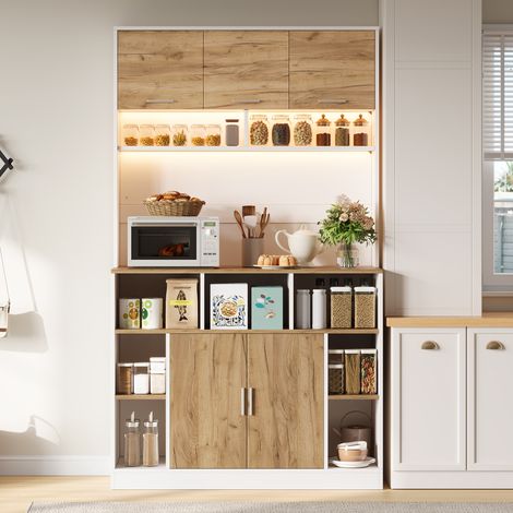 Buffet haut de cuisine 105x40x180 cm blanc et bois meuble garde manger 5 portes vaisselier pour salon et salle a manger (1/5)