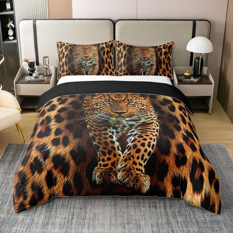 100 % coton - Housse de couette 3D - Motif léopard - Impression peau de léopard - 1 taie d'oreiller - 135 x 200 cm (1/5)