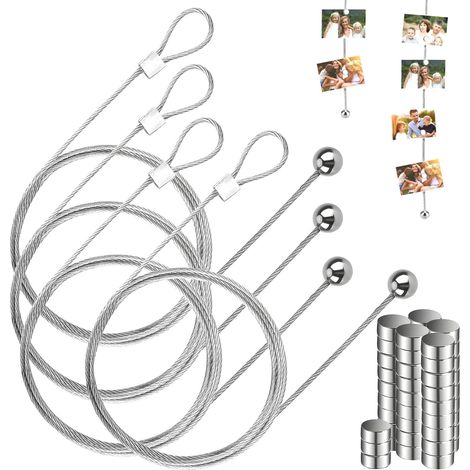 Porte Photo Fil de Fer 4 Pièces Câble Photo avec 48 Aimants 200 cm x 1,5 mm Câble Photo en Acier avec 48 Aimants Présentation de Cartes Postales, Photos et Notes (1/5)