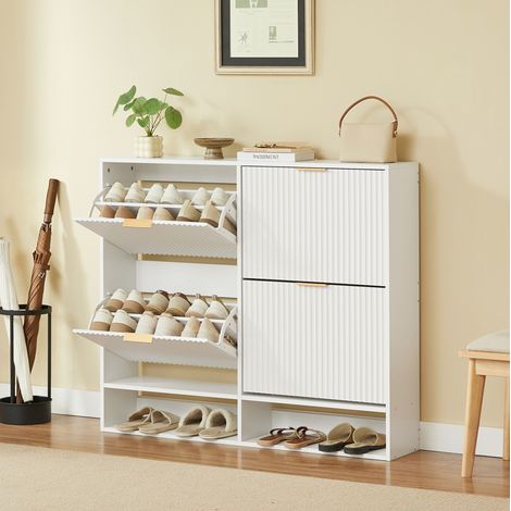 Zapatero 120x24x102 cm blanco en MDF con puertas abatibles y dispositivo antivuelco (1/5)