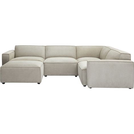 Divano ad angolo modulabile 5 posti e pouf in tessuto effetto velluto testurizzato beige SPLIT