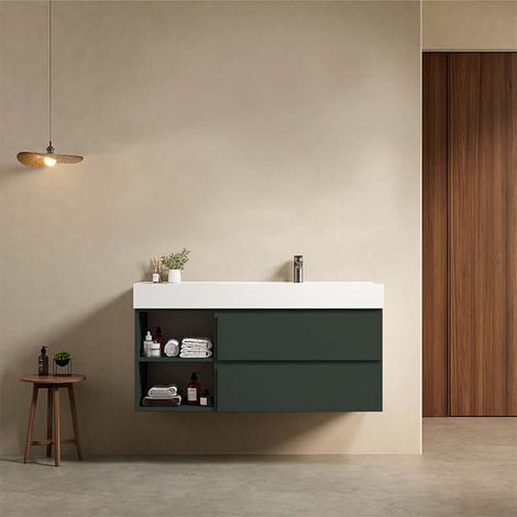 Mobile bagno sospeso 120 cm Verde Comodoro Lavabo a Destra in Resina Senza Specchio - Fiji Paint Plus (1/4)