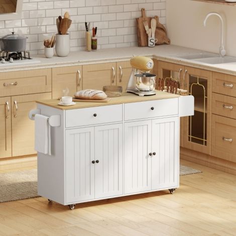 Îlot de cuisine sur roulettes : Comprend 2 tiroirs et 2 portes de placard Unité mobile avec porte-épices, porte-serviettes et porte-couteaux — Structure en MDF — Blanc