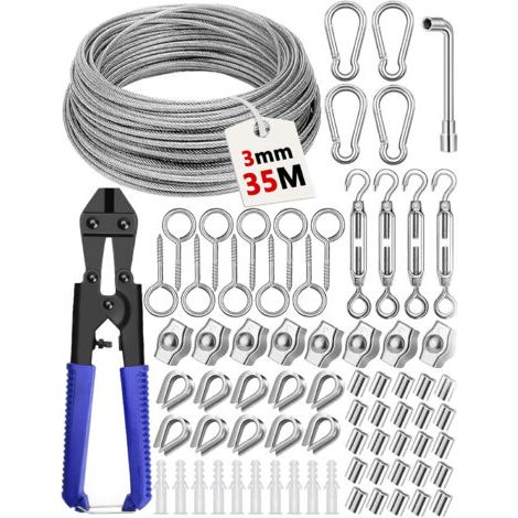 35 Meter langes Edelstahl-Aufhängungskabelset, bestehend aus einem 3 mm Edelstahlseil 304, mit Kabelspanner, Kabelklemme und Kabelhülse, geeignet für Rankgitter für Kletterpflanzen im Freien, Wäschele (1/4)