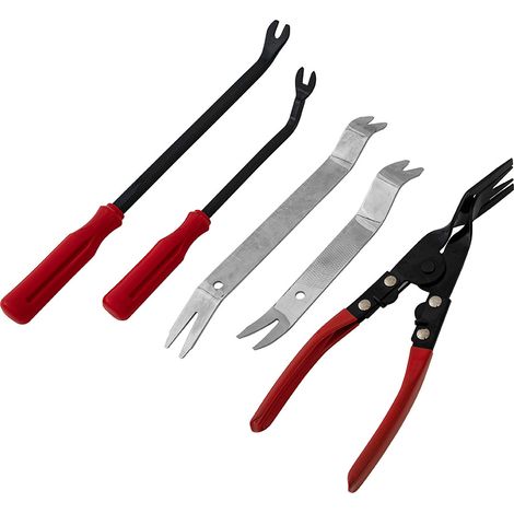 Tool set for modifying the interior of the car radio (5-piece): sound insulation clip pliers, tool for scraping off repair foils and tool for removing metal parts.