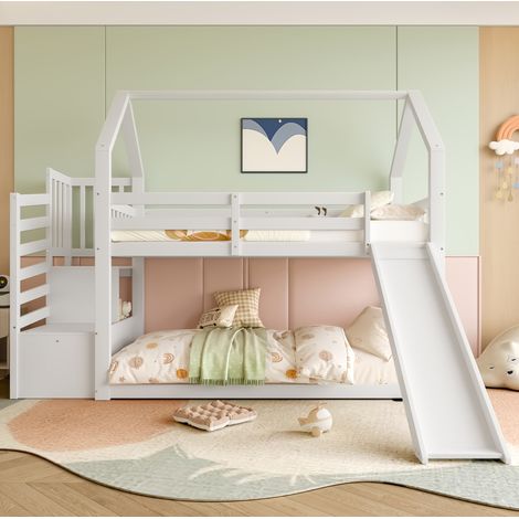 Cama infantil alta con tobogán y almacenaje blanca OKMYHOME (1/5)