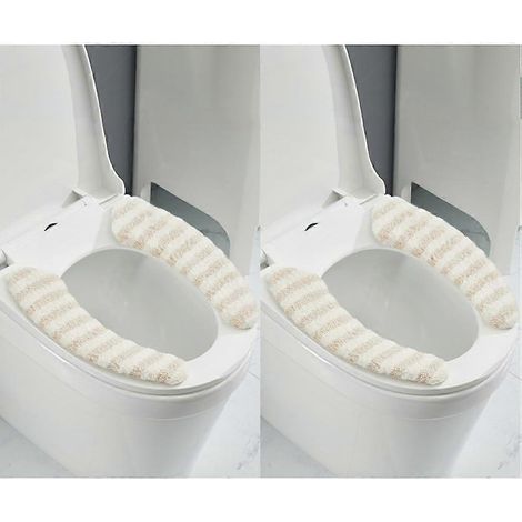 Housse de siège de toilette rembourrée et chaude, lot de 2 paires, en peluche, lavable et réutilisable, pour toilettes allongées, beige. (1/5)
