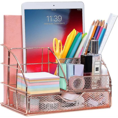 Organiseur de bureau à tiroirs, rangement pour fournitures de bureau avec 5 compartiments + 1 grand tiroir Collection Mesh, Or rose (1/5)