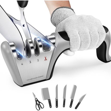 Affilacoltelli professionale 4 in 1 per cucina - Affila coltelli in acciaio inox, ceramica e forbici - Gomma antiscivolo inclusa - OUYLAF