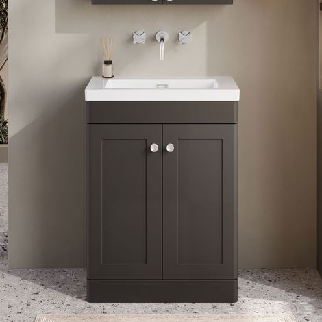 Nuie Classique Floor Standing 2-Door Vanity Unit with 0TH Contemporary Basin 600mm Wide - Satin Anthracite