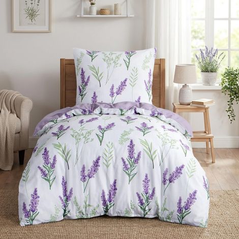 Parure de lit 2 pièces 135 x 200 cm avec housse de couette et taie d'oreiller 80 x 80 cm - En microfibre - Motif lavande - Violet - Doux et infroissable - Pour lit simple (1/5)