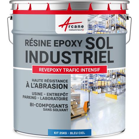 Peinture sol, résine epoxy, revêtement sol industriel et sol béton, usine, parking : Revepoxy trafic intensif - 25 kg (jusqu'à 50 m² en 2 couches) Bleu Ciel - RAL 5015 - ARCANE INDUSTRIES