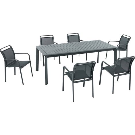 Sala da pranzo da giardino in alluminio: un tavolo allungabile L.205/286.5 cm e 6 poltrone impilabili Grigio scuro - VELYRA di MYLIA