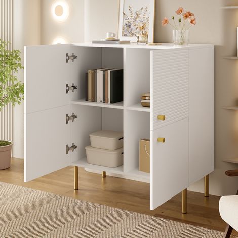 Sideboard aus MDF in Weiß 80 x 36 x 90 cm mit vertikal strukturierter Front, Griffen aus Zinklegierung und Stahlbeinen (1/5)
