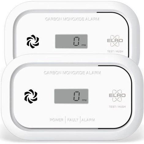 Pack de 2 détecteurs de monoxyde de carbone – Capteur électrochimique 10 ans – Alarme sonore 85 dB – Affichage de la concentration CO – Elro
