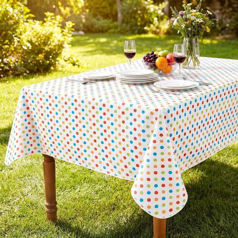 Nappe en toile cirée 140x180 cm à pois multicolores, résistante aux intempéries, lavable