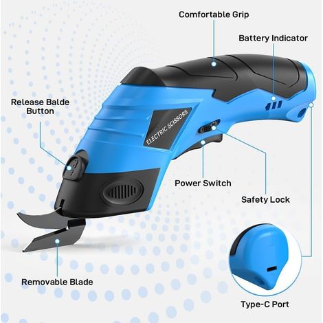 Kabellose elektrische Schere für Karton – Wiederaufladbare elektrische Schere mit 2 Ersatzklingen, geeignet zum Schneiden von Stoffen, Teppichen, Leder, Papier und Pflanzen. Blau-schwarz.