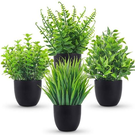 BelleRise - Plantes artificielles Deros (lot de 4) – Petites fausses plantes – Accessoires de salle de bain noirs (1/3)