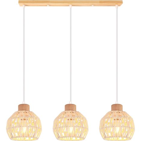 3 Suspension Luminaire Rotin Bois 16cm E27 Vintage Style Boho pour Cuisine Salle à Manger