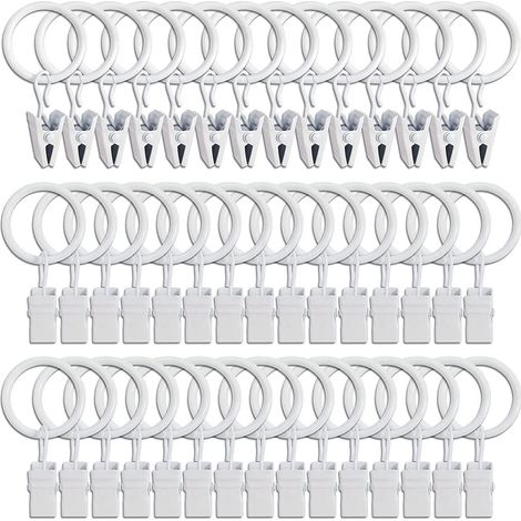 45 anneaux de rideaux avec pinces - Blanc, pinces à rideaux robustes, pinces pour tringle à rideaux, crochets décoratifs pour rideaux et cadres de fenêtres à trous métalliques. (1/5)