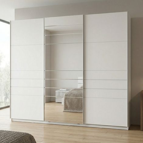 Armario Grande Carasco, Ropero Dormitorio con Perchero, 6 Estantes, Puertas Corredizas, 262.5x224h cm Blanco Mate (1/5)