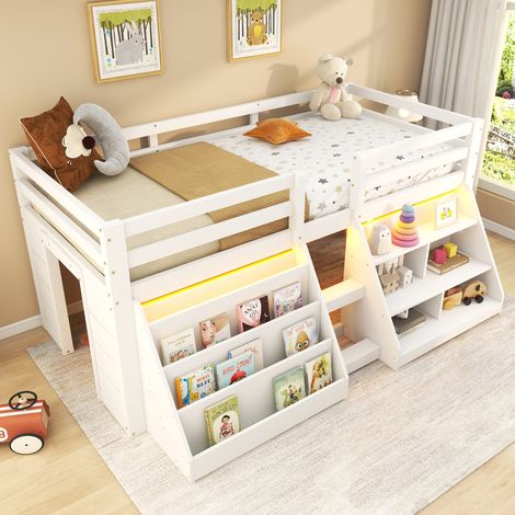 Letto a soppalco per bambini 90x200cm in legno con 2 ripiani portaoggetti, rete a doghe, letto singolo, LED, sanza materasso, bianco (1/5)