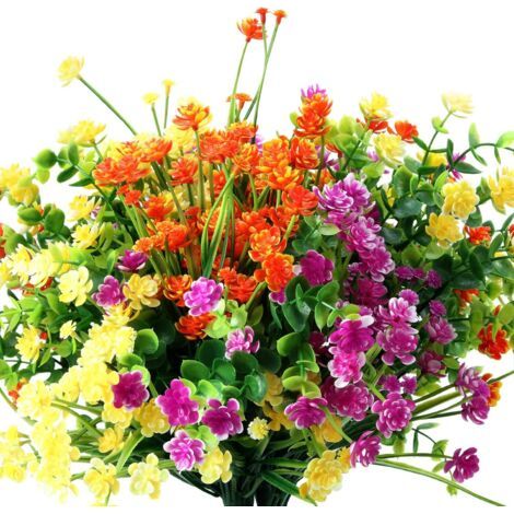 VURAHOME - 12 pièces de fleurs artificielles 6 types d'arbustes d'extérieur résistants aux UV pour jardinière suspendue décoration de fenêtre de porche de mariage à la maison (jaune, orange, fuchsia) (1/5)