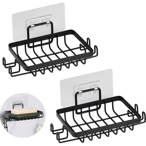 Set di 2 Portasapone da Parete in Acciaio Inossidabile, Adesivo, con Gancio, Impermeabile e Antiruggine, Perfetto per Doccia, Bagno e Cucina - Nero (1/5)
