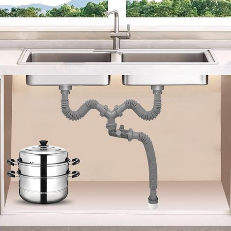 Drain Kit for Double Sink,1½" Flexible P Siphon, Visible Unidirectional Valve, 4-Way Connection, for Kitchen, Bathroom, Dishwasher and Waste Disposal (1/2)