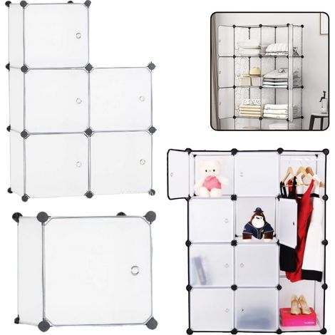 Modulares Schuhregal mit 5 Fächern und Türen, 30 x 30 cm, weiß/transparent