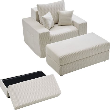 Canapé Lit Modulaire avec Rangement 1115 mm, Divan en Velours Côtelé, Fauteuil Convertible avec Coussins et Poche Latérale, Méridienne Profonde pour Salon, Chambre à Coucher, Bureau, Beige (1/5)