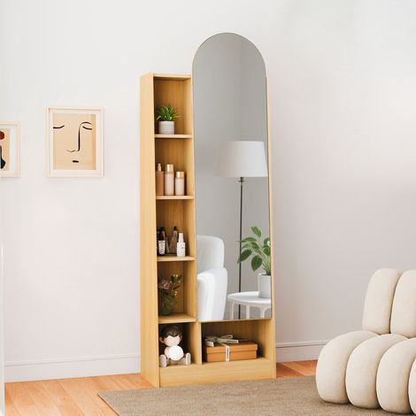 Schuhschrank mit Spiegel und Verstellbaren Einlegeböden, mit Offenen Fächern, für Flur Schlafzimmer Bad, MDF, Natur, 158.5×47.5×17.5 cm (1/5)