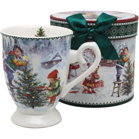 Taza de porcelana navideña de 330 ml con caja de regalo decorativa y diseño de árbol de Navidad. (1/5)