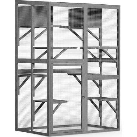 Wiltec Recinto per gatti da esterno 116 x 82 x 175,7 cm, legno, tetto in PVC, 5 livelli, recinto per gatti per giardino, balcone, rifugi (1/5)
